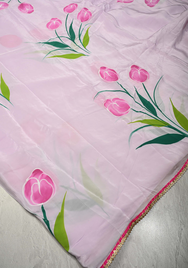 Light Lilac Modal Silk Saree with Floral Hand Painted and Gotta Lace Border