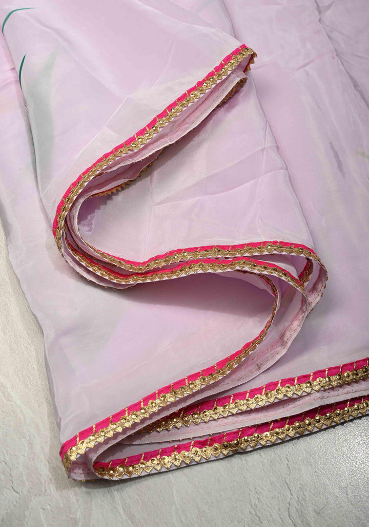 Light Lilac Modal Silk Saree with Floral Hand Painted and Gotta Lace Border