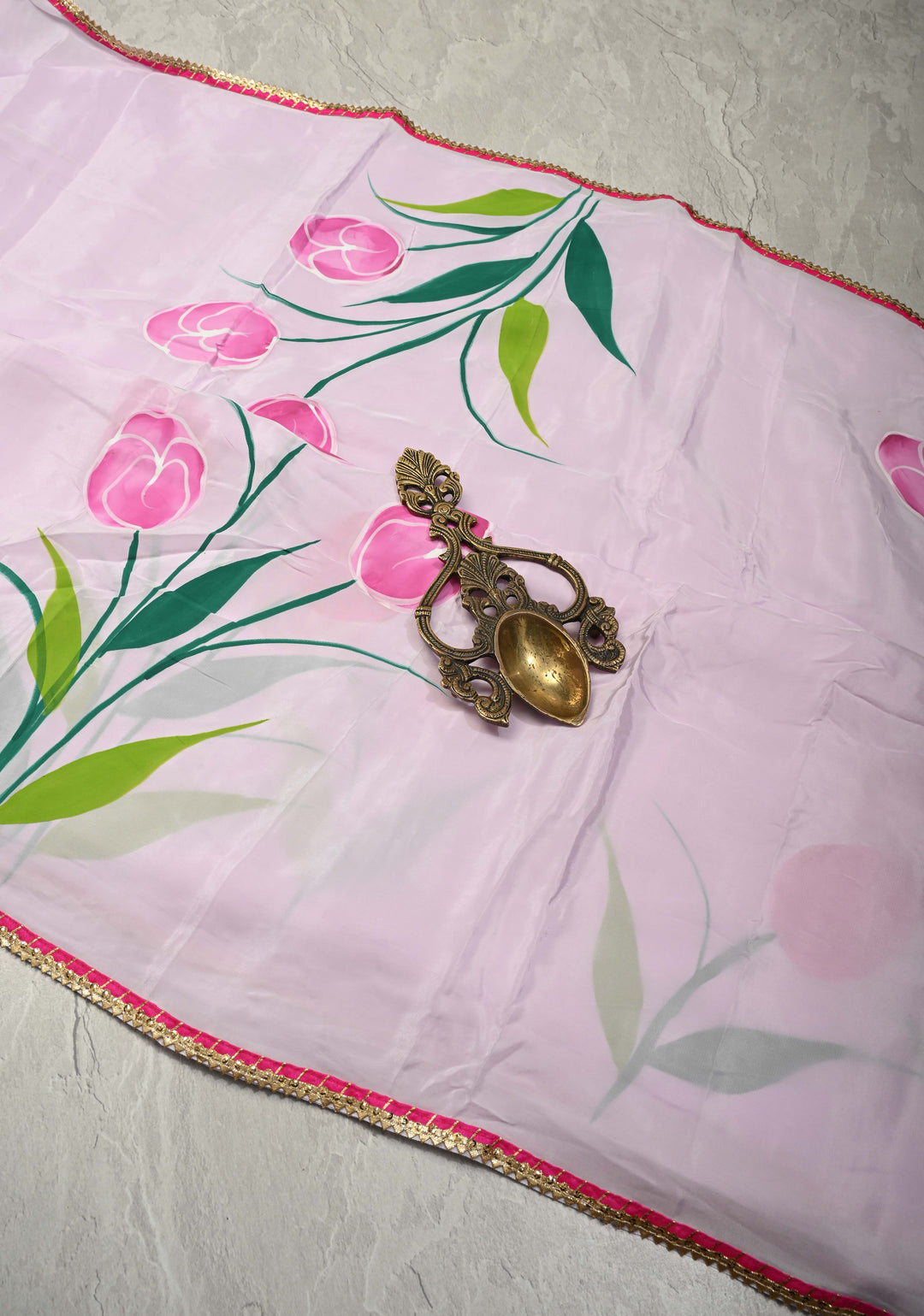 Light Lilac Modal Silk Saree with Floral Hand Painted and Gotta Lace Border