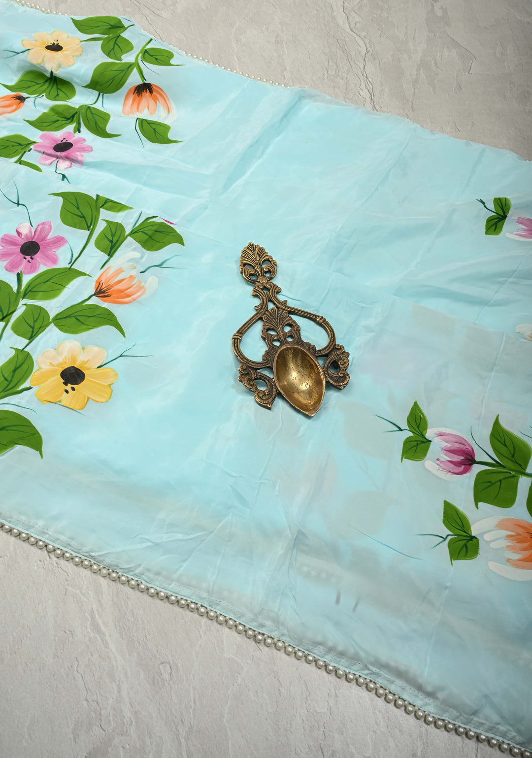 Powder Blue Modal Silk Saree with Floral Hand Painted and delicate pearl bead edging | SHOBITAM