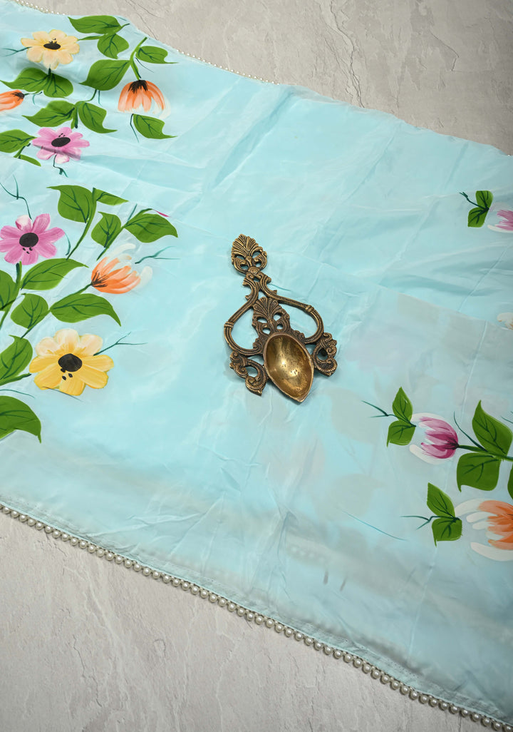 Powder Blue Modal Silk Saree with Floral Hand Painted and delicate pearl bead edging | SHOBITAM