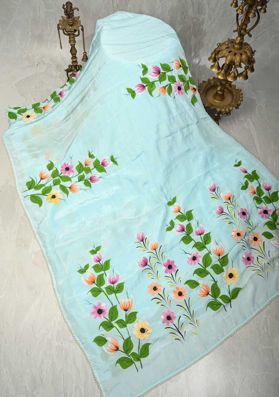 Powder Blue Modal Silk Saree with Floral Hand Painted and delicate pearl bead edging | SHOBITAM