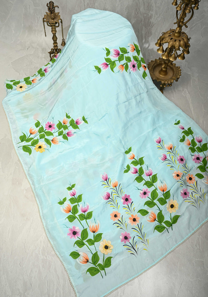 Powder Blue Modal Silk Saree with Floral Hand Painted and delicate pearl bead edging | SHOBITAM