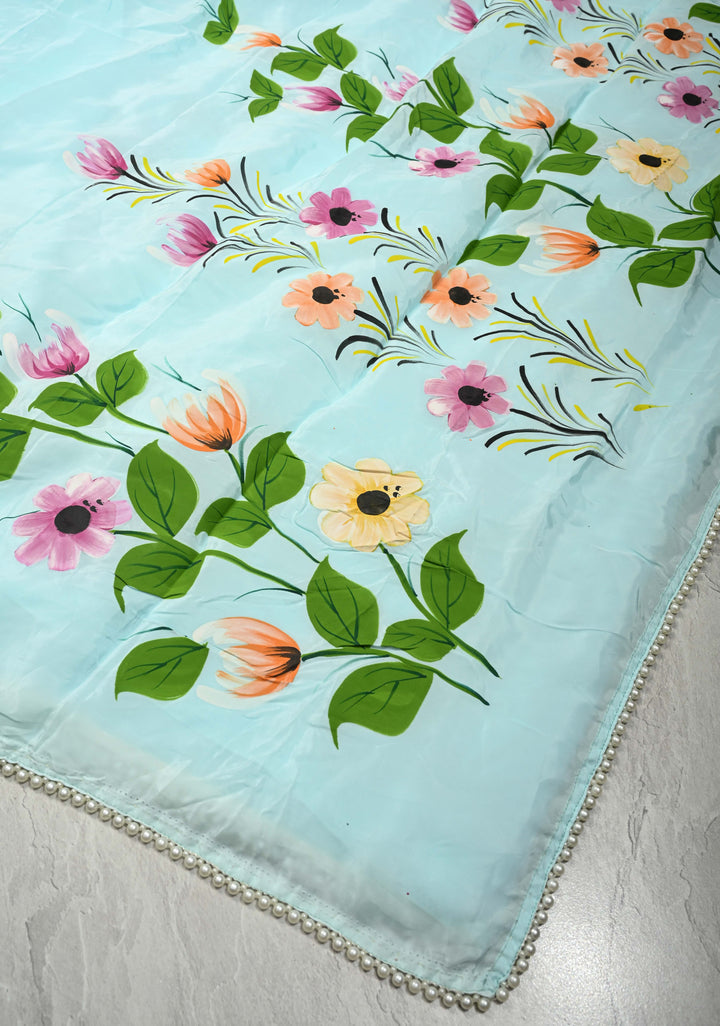 Powder Blue Modal Silk Saree with Floral Hand Painted and delicate pearl bead edging | SHOBITAM
