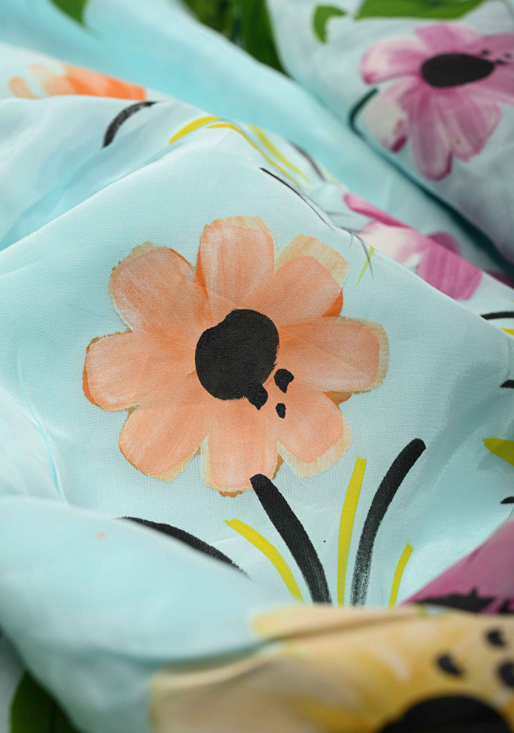 Powder Blue Modal Silk Saree with Floral Hand Painted and delicate pearl bead edging | SHOBITAM