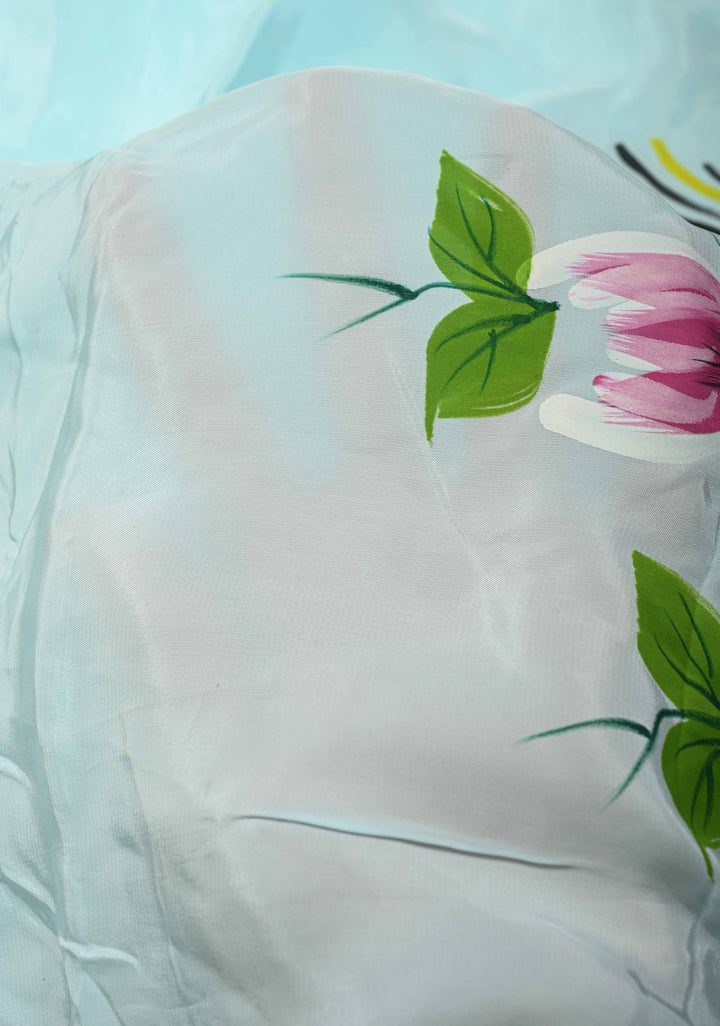 Powder Blue Modal Silk Saree with Floral Hand Painted and delicate pearl bead edging | SHOBITAM