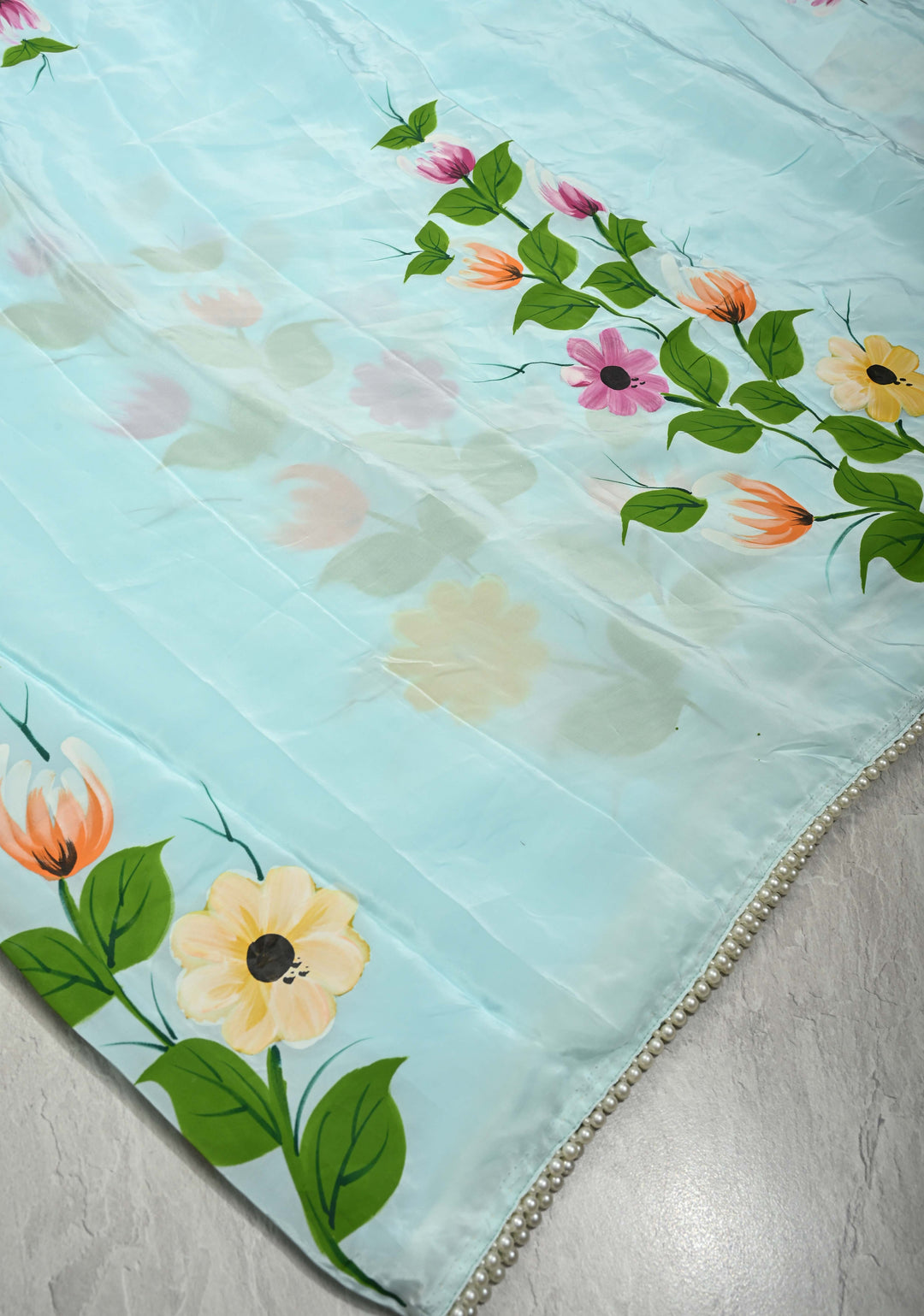 Powder Blue Modal Silk Saree with Floral Hand Painted and delicate pearl bead edging | SHOBITAM