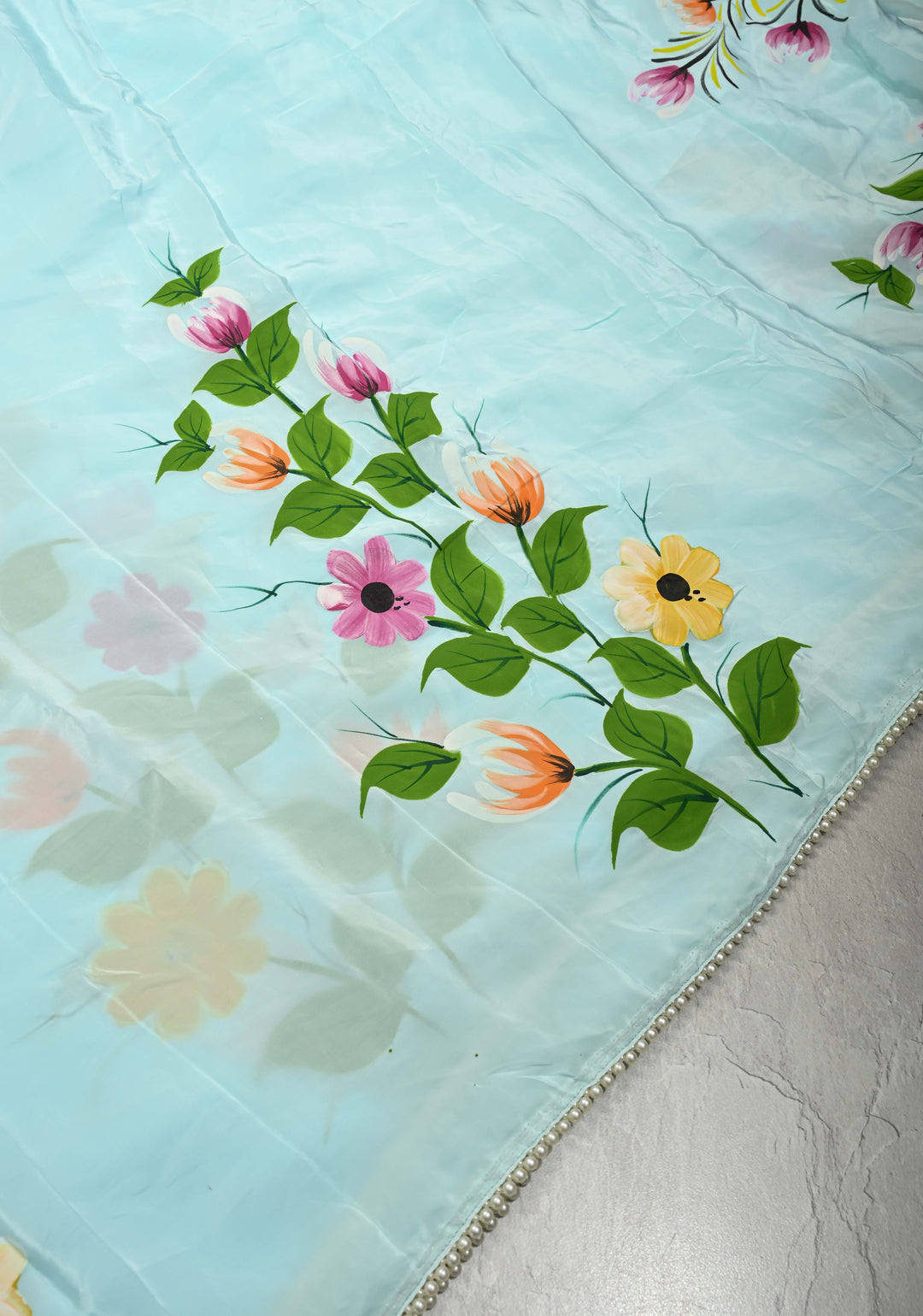 Powder Blue Modal Silk Saree with Floral Hand Painted and delicate pearl bead edging | SHOBITAM