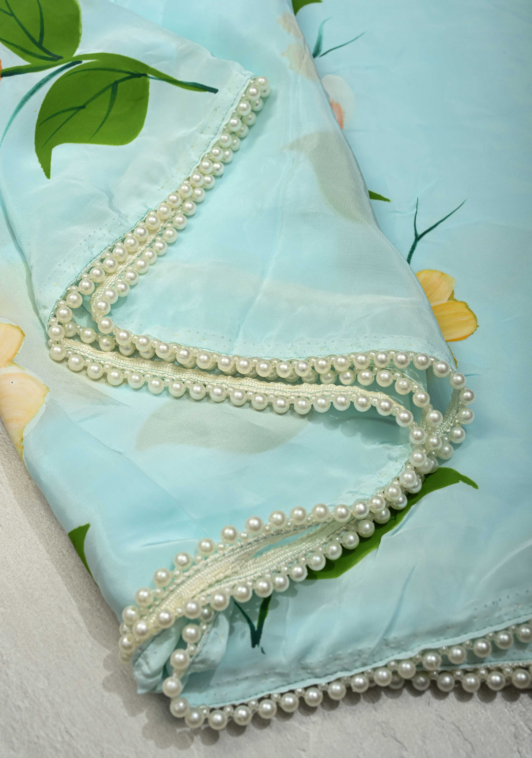 Powder Blue Modal Silk Saree with Floral Hand Painted and delicate pearl bead edging | SHOBITAM