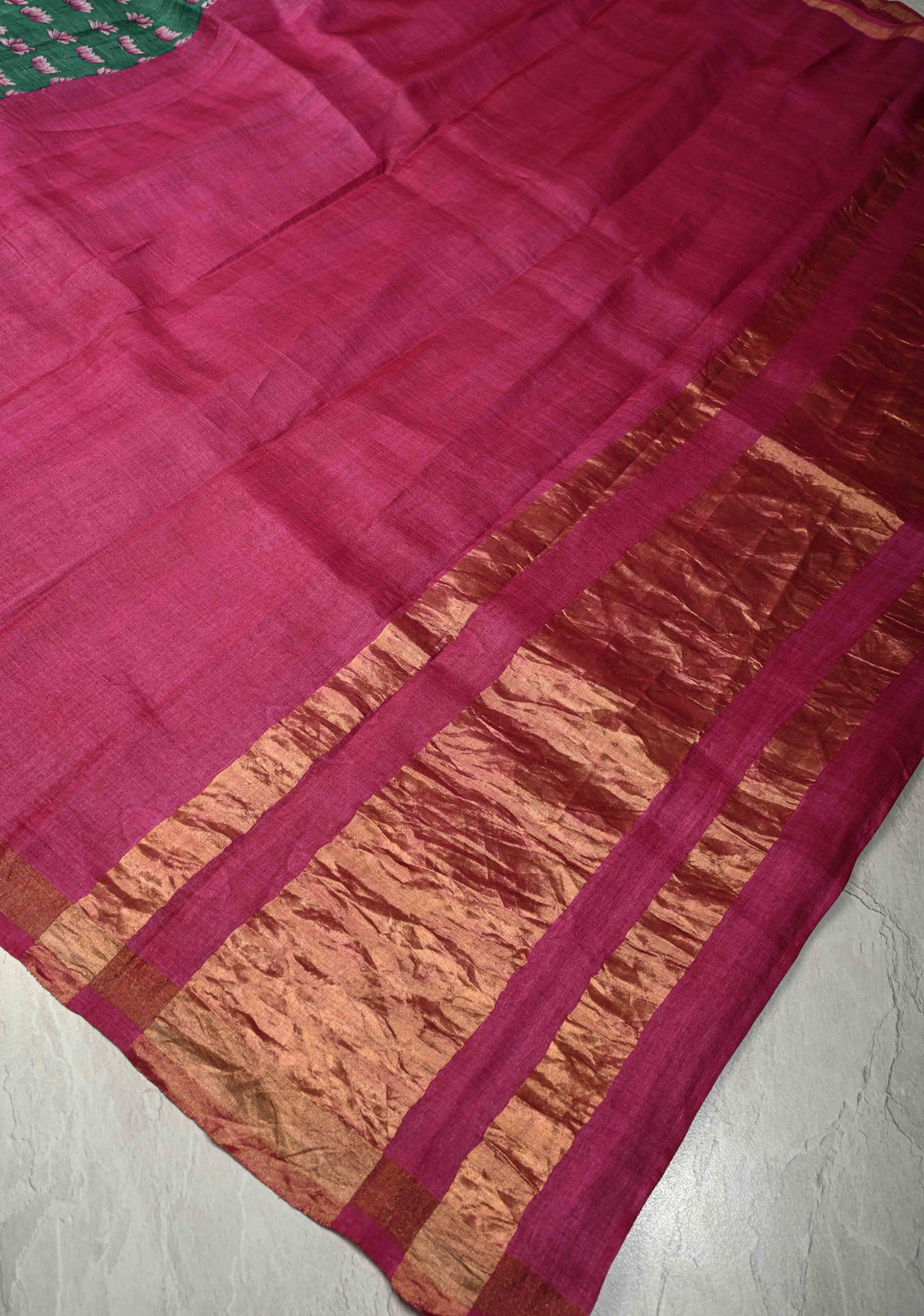 Cactus Green Pure Handloom Tussar Silk saree with Hand Block Print with Contrast Minimal Zari Border | SILK MARK CERTIFIED