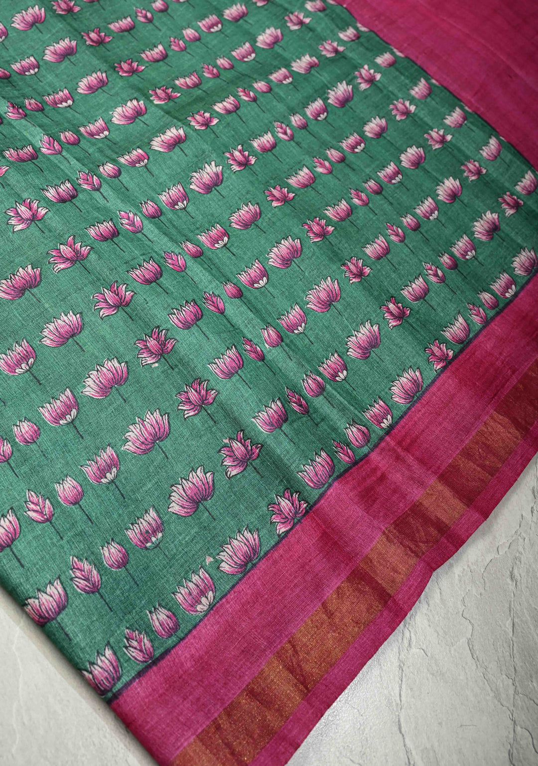 Cactus Green Pure Handloom Tussar Silk saree with Hand Block Print with Contrast Minimal Zari Border | SILK MARK CERTIFIED