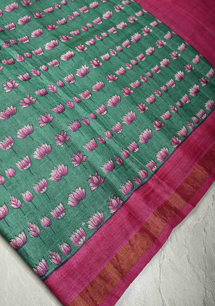 Cactus Green Pure Handloom Tussar Silk saree with Hand Block Print with Contrast Minimal Zari Border | SILK MARK CERTIFIED