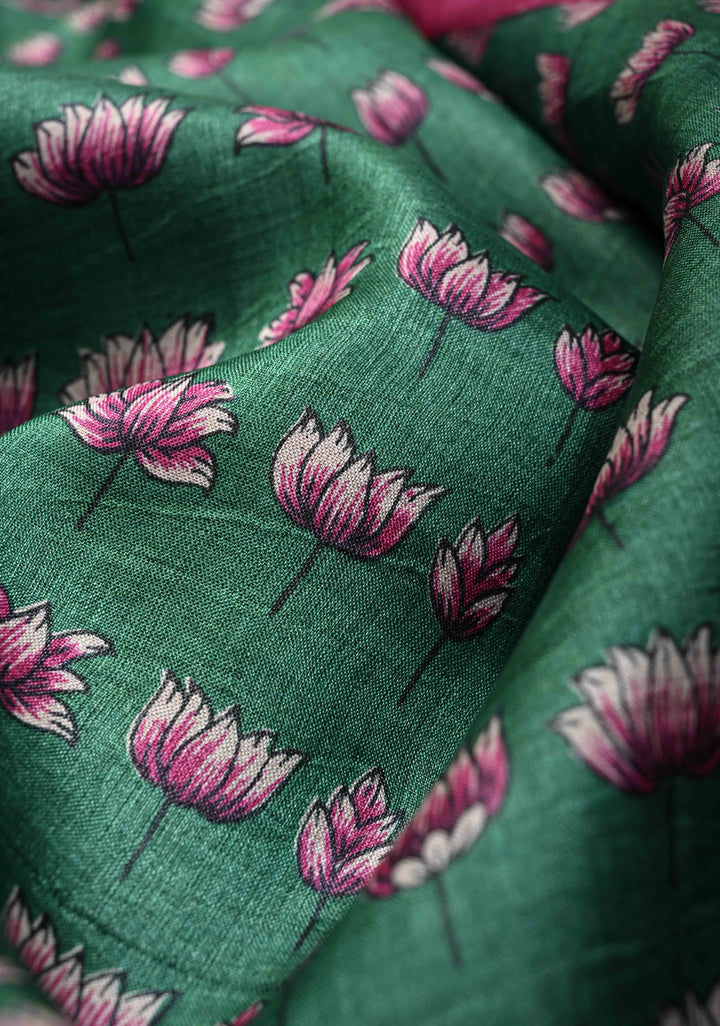 Cactus Green Pure Handloom Tussar Silk saree with Hand Block Print with Contrast Minimal Zari Border | SILK MARK CERTIFIED