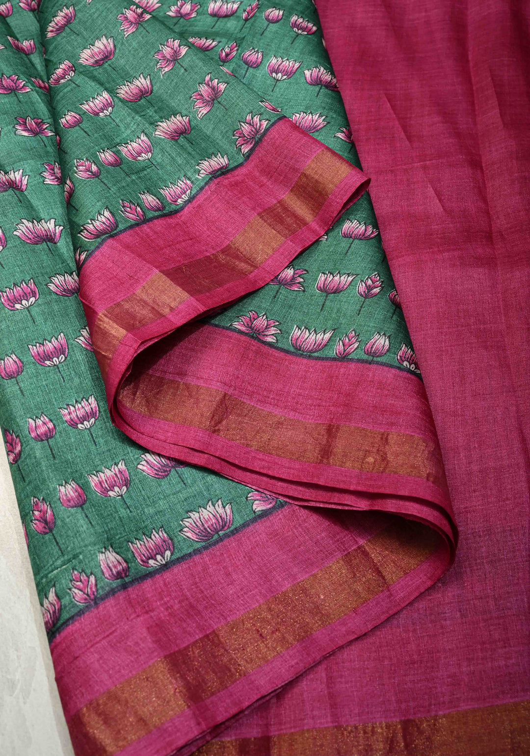 Cactus Green Pure Handloom Tussar Silk saree with Hand Block Print with Contrast Minimal Zari Border | SILK MARK CERTIFIED