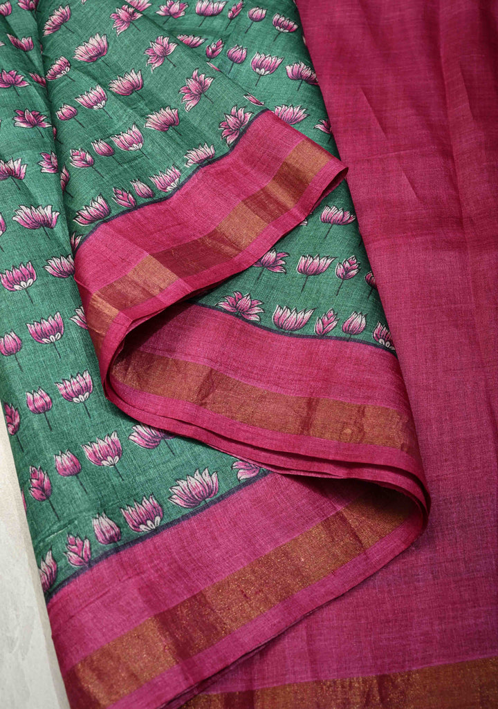 Cactus Green Pure Handloom Tussar Silk saree with Hand Block Print with Contrast Minimal Zari Border | SILK MARK CERTIFIED