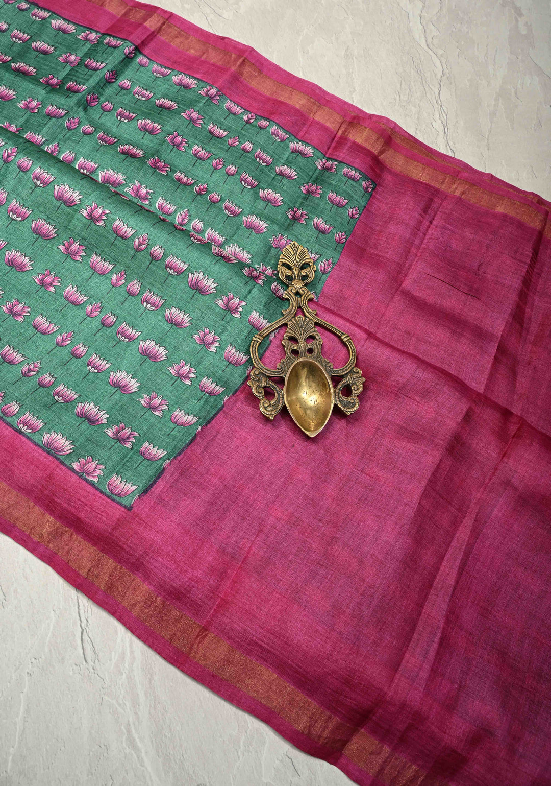 Cactus Green Pure Handloom Tussar Silk saree with Hand Block Print with Contrast Minimal Zari Border | SILK MARK CERTIFIED