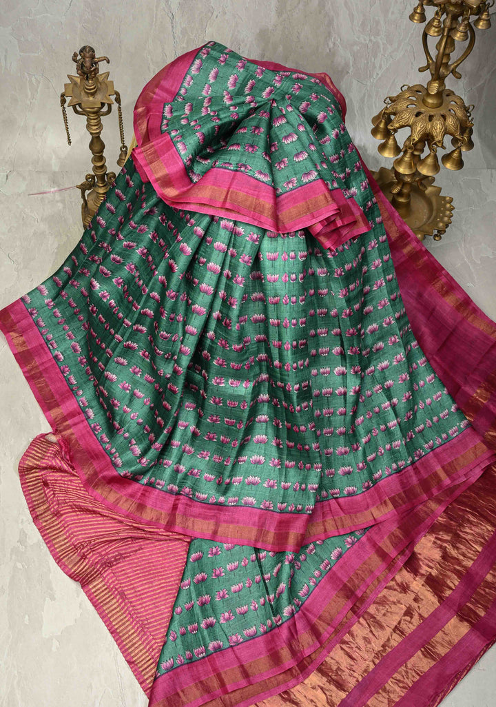 Cactus Green Pure Handloom Tussar Silk saree with Hand Block Print with Contrast Minimal Zari Border | SILK MARK CERTIFIED