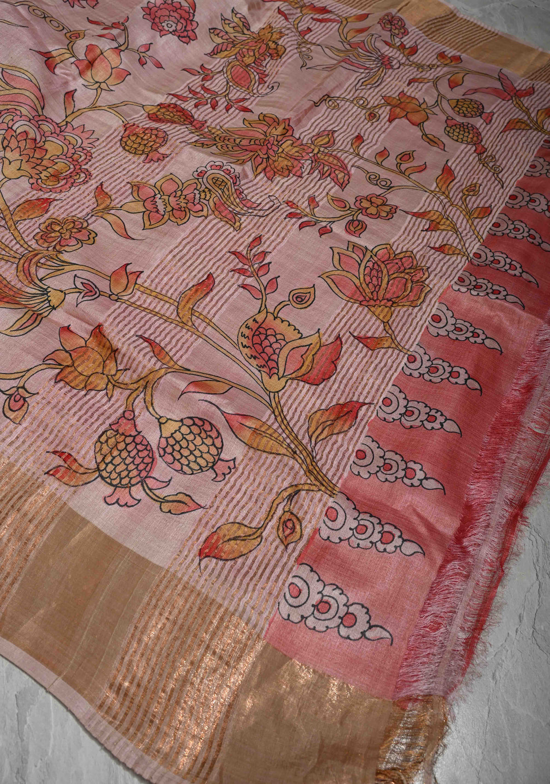 Blush Pink Pure Handloom Tussar Silk saree with Handpainted Kalamkari Design with Muted Zari Border | SILK MARK CERTIFIED