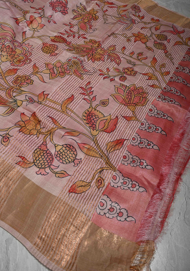 Blush Pink Pure Handloom Tussar Silk saree with Handpainted Kalamkari Design with Muted Zari Border | SILK MARK CERTIFIED