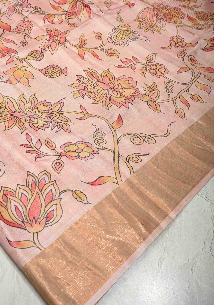 Blush Pink Pure Handloom Tussar Silk saree with Handpainted Kalamkari Design with Muted Zari Border | SILK MARK CERTIFIED