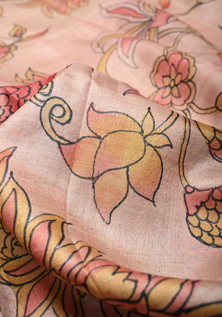 Blush Pink Pure Handloom Tussar Silk saree with Handpainted Kalamkari Design with Muted Zari Border | SILK MARK CERTIFIED