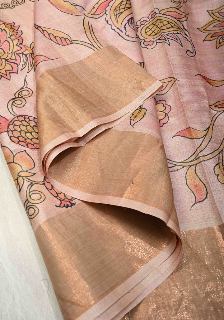 Blush Pink Pure Handloom Tussar Silk saree with Handpainted Kalamkari Design with Muted Zari Border | SILK MARK CERTIFIED