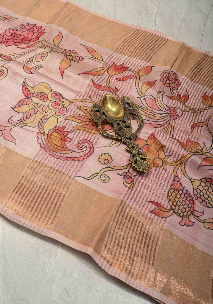 Blush Pink Pure Handloom Tussar Silk saree with Handpainted Kalamkari Design with Muted Zari Border | SILK MARK CERTIFIED