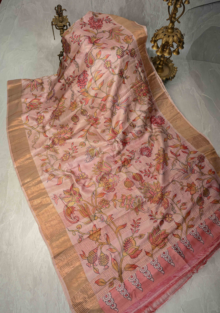 Blush Pink Pure Handloom Tussar Silk saree with Handpainted Kalamkari Design with Muted Zari Border | SILK MARK CERTIFIED