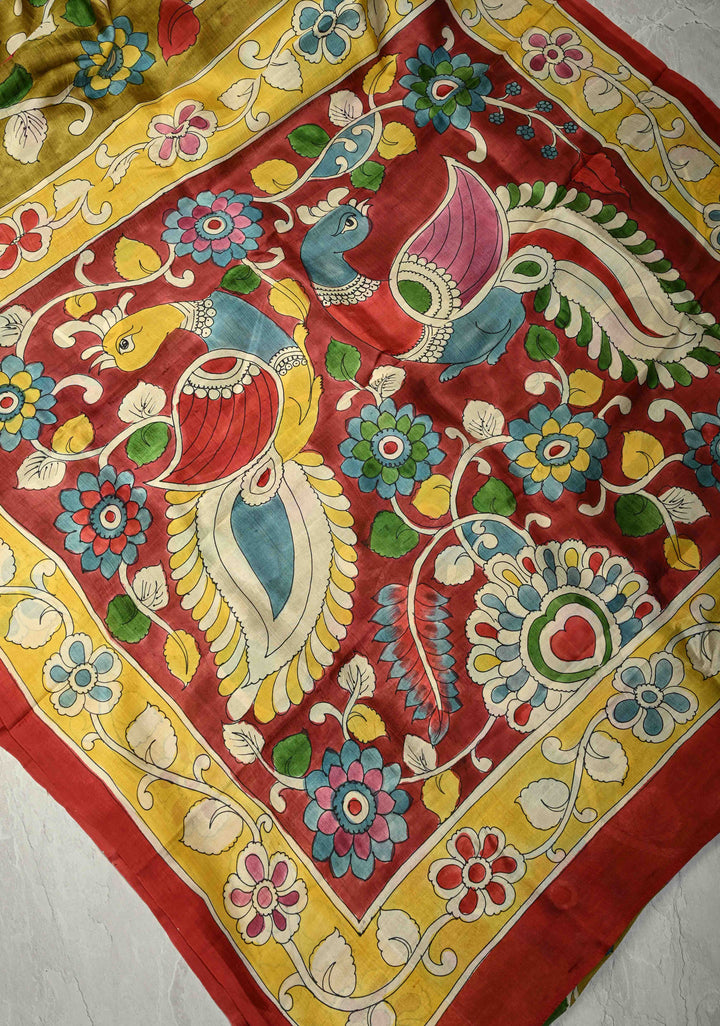Ollive Green Pure Handloom Silk saree with Hand Painted Kalamkari Design | SILK MARK CERTIFIED | SHOBITAM