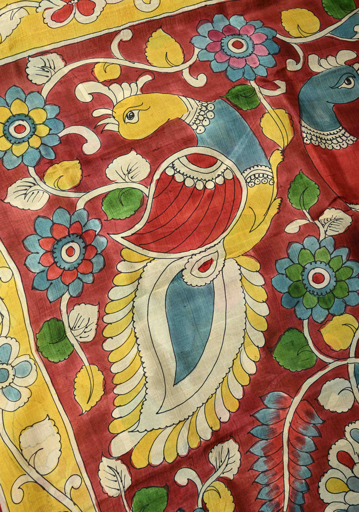 Ollive Green Pure Handloom Silk saree with Hand Painted Kalamkari Design | SILK MARK CERTIFIED | SHOBITAM