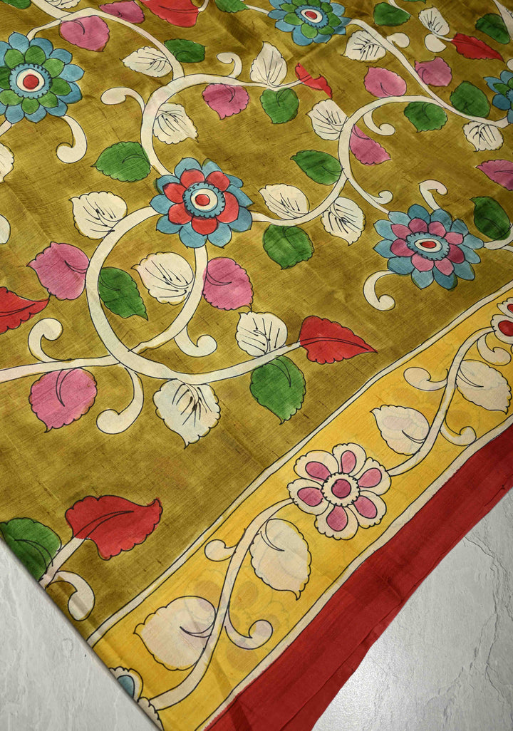 Ollive Green Pure Handloom Silk saree with Hand Painted Kalamkari Design | SILK MARK CERTIFIED | SHOBITAM