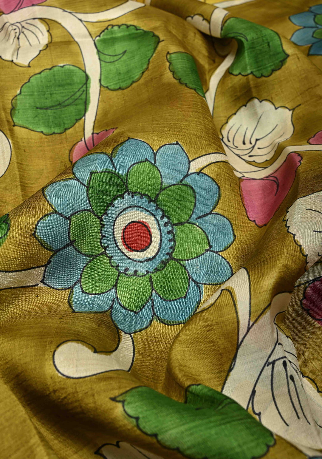 Ollive Green Pure Handloom Silk saree with Hand Painted Kalamkari Design | SILK MARK CERTIFIED | SHOBITAM