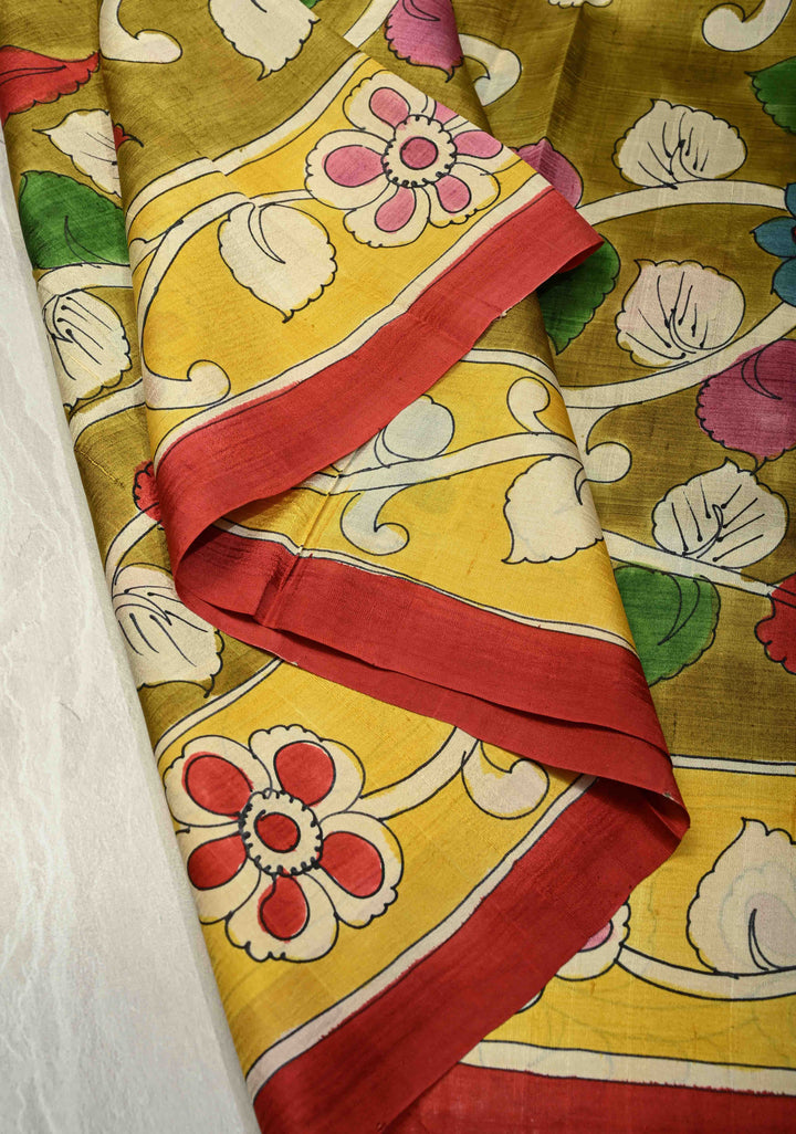 Ollive Green Pure Handloom Silk saree with Hand Painted Kalamkari Design | SILK MARK CERTIFIED | SHOBITAM