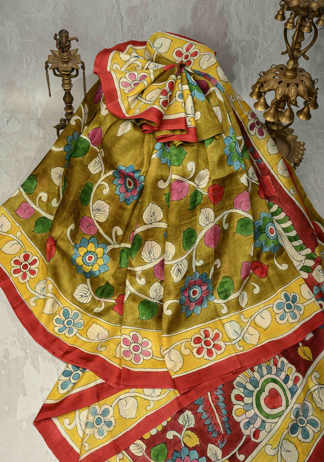 Ollive Green Pure Handloom Silk saree with Hand Painted Kalamkari Design | SILK MARK CERTIFIED | SHOBITAM