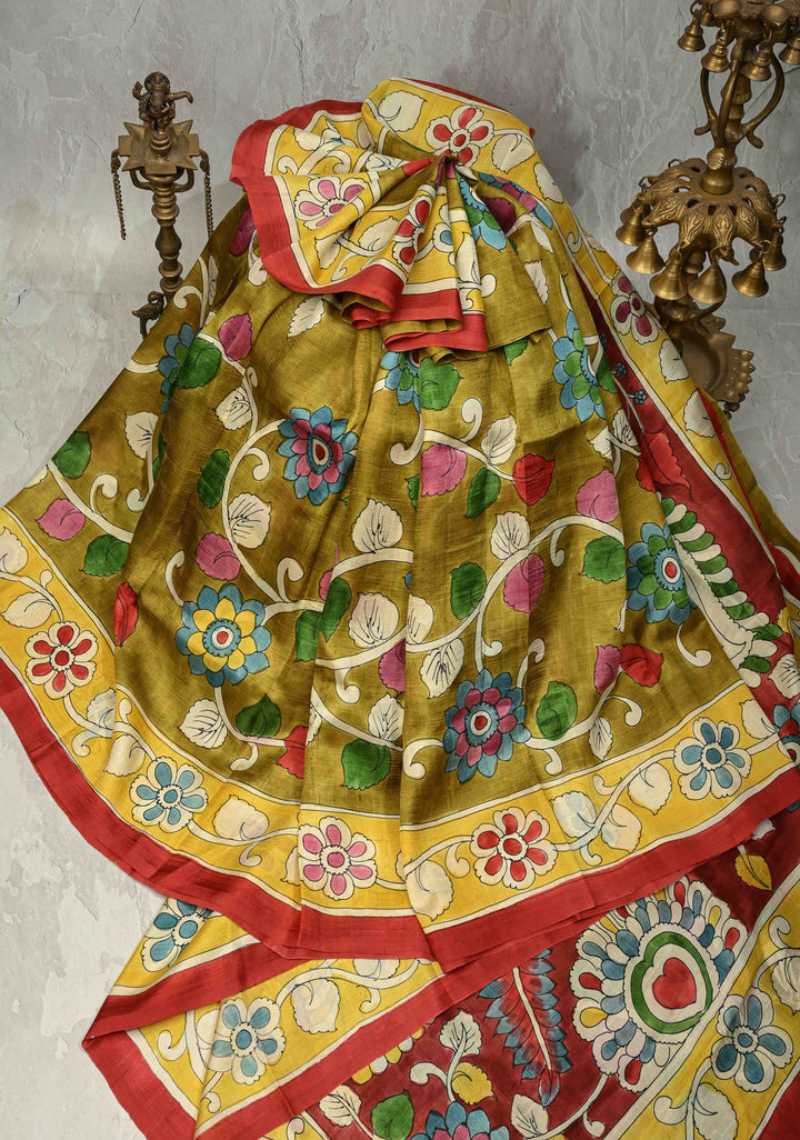 Ollive Green Pure Handloom Silk saree with Hand Painted Kalamkari Design | SILK MARK CERTIFIED | SHOBITAM