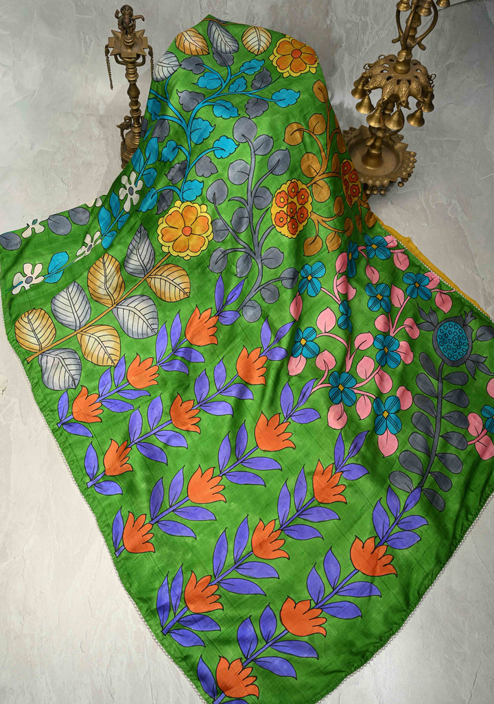 Grass Green Pure Handloom Silk saree with Hand Painted Kalamkari Design and Pearls Border| SILK MARK CERTIFIED