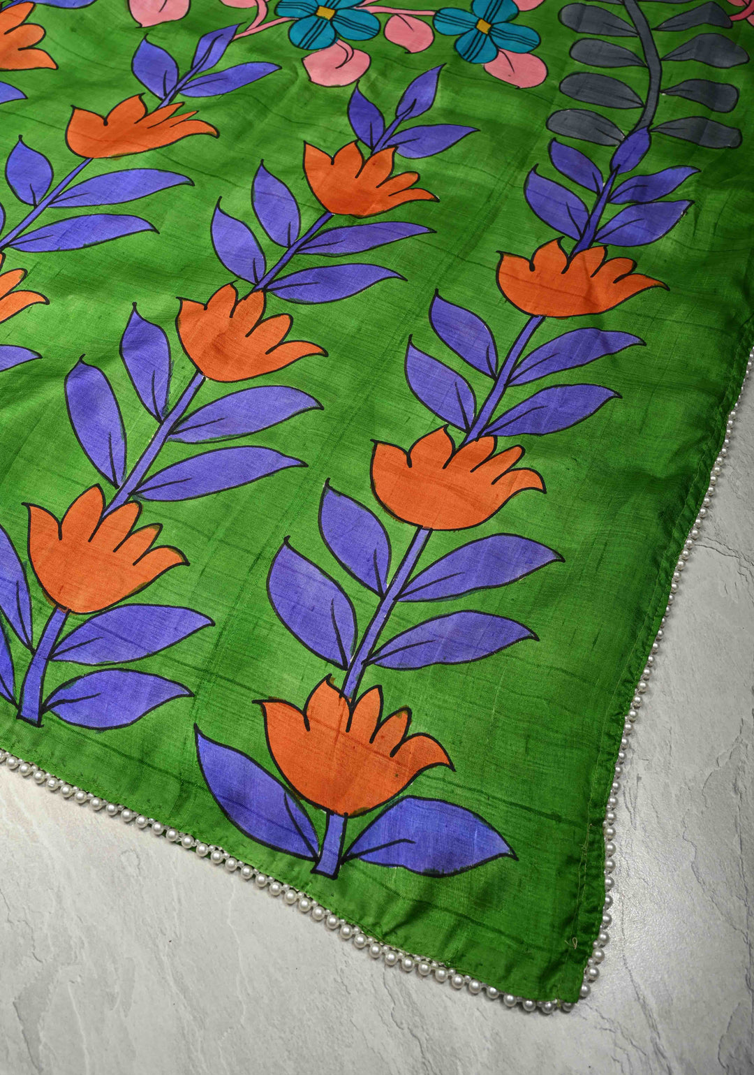Grass Green Pure Handloom Silk saree with Hand Painted Kalamkari Design and Pearls Border| SILK MARK CERTIFIED