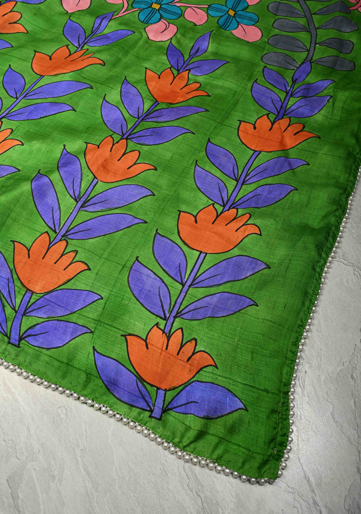 Grass Green Pure Handloom Silk saree with Hand Painted Kalamkari Design and Pearls Border| SILK MARK CERTIFIED