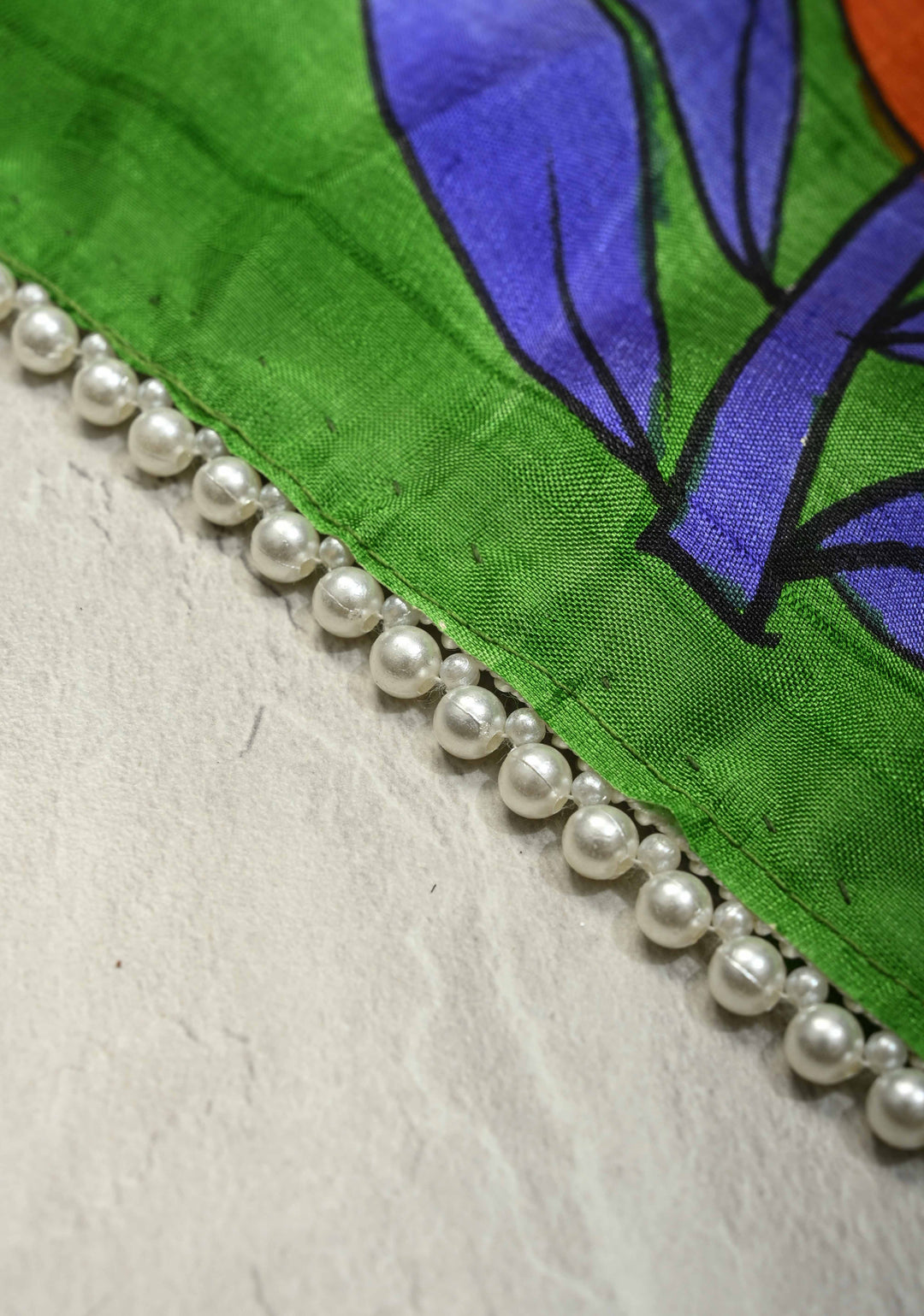 Grass Green Pure Handloom Silk saree with Hand Painted Kalamkari Design and Pearls Border| SILK MARK CERTIFIED