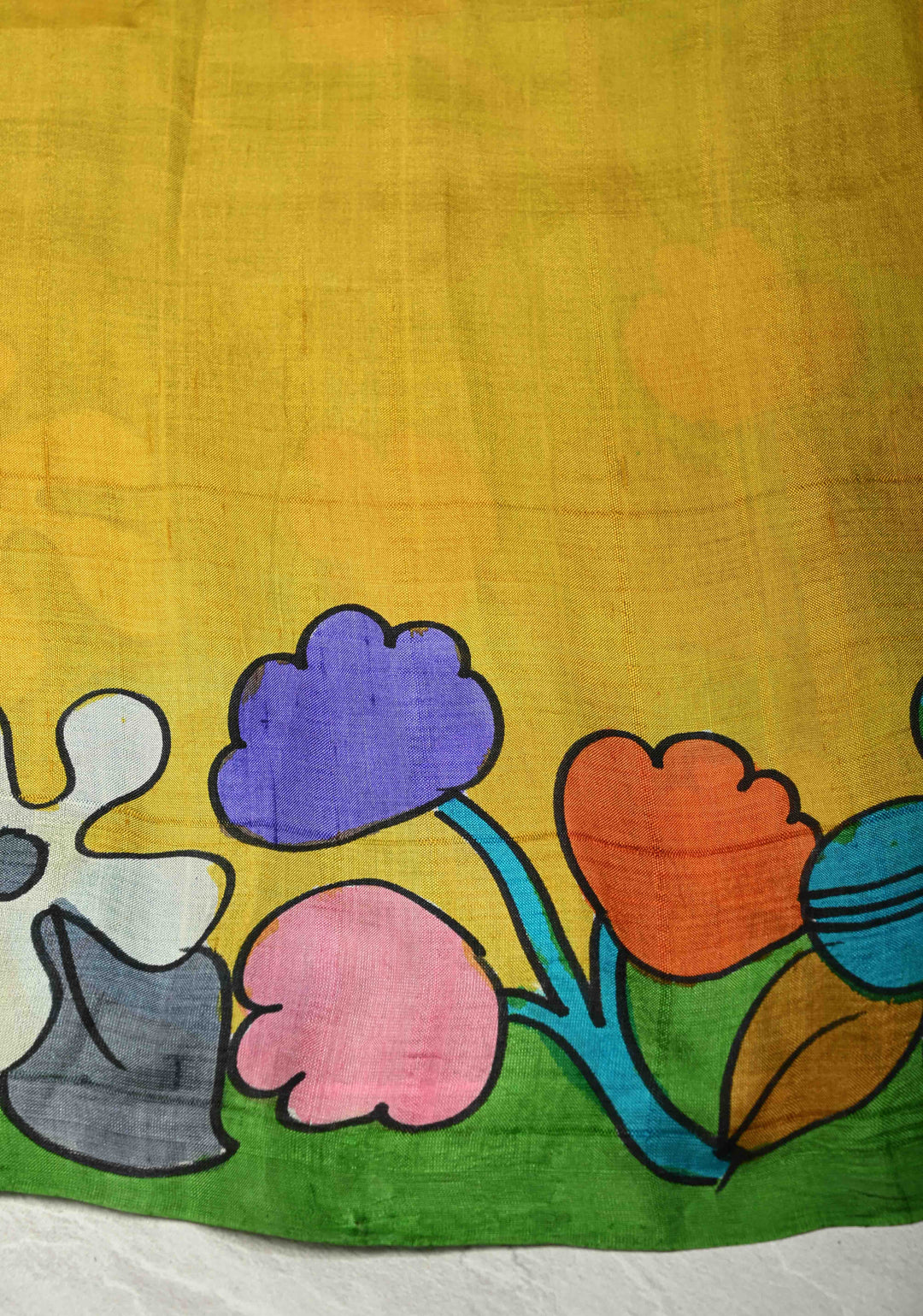 Grass Green Pure Handloom Silk saree with Hand Painted Kalamkari Design and Pearls Border| SILK MARK CERTIFIED