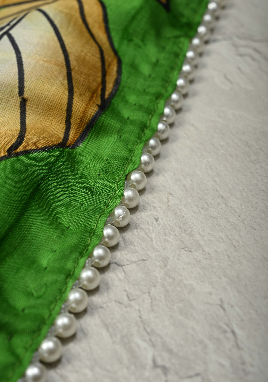 Grass Green Pure Handloom Silk saree with Hand Painted Kalamkari Design and Pearls Border| SILK MARK CERTIFIED