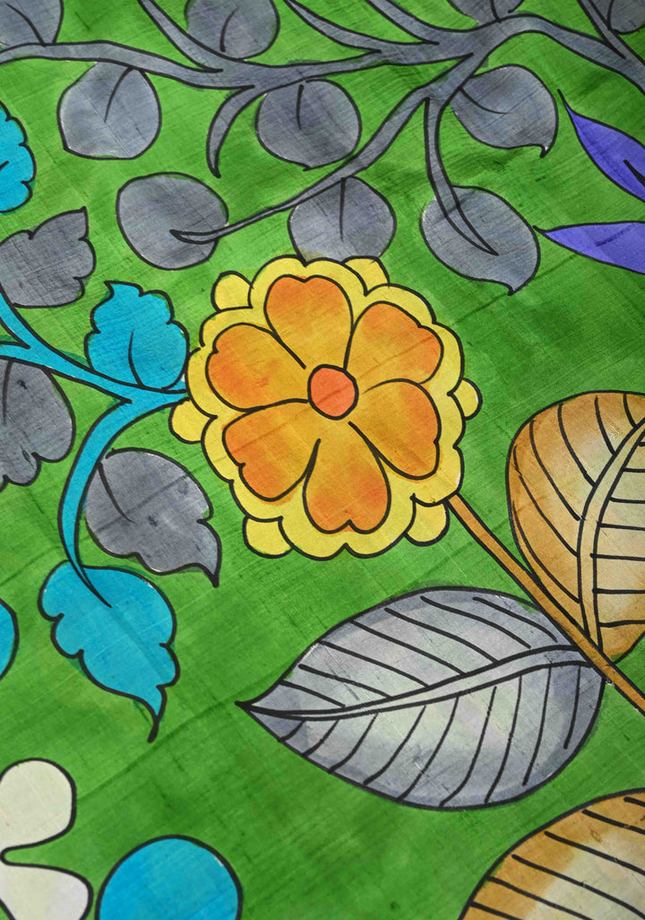 Grass Green Pure Handloom Silk saree with Hand Painted Kalamkari Design and Pearls Border| SILK MARK CERTIFIED