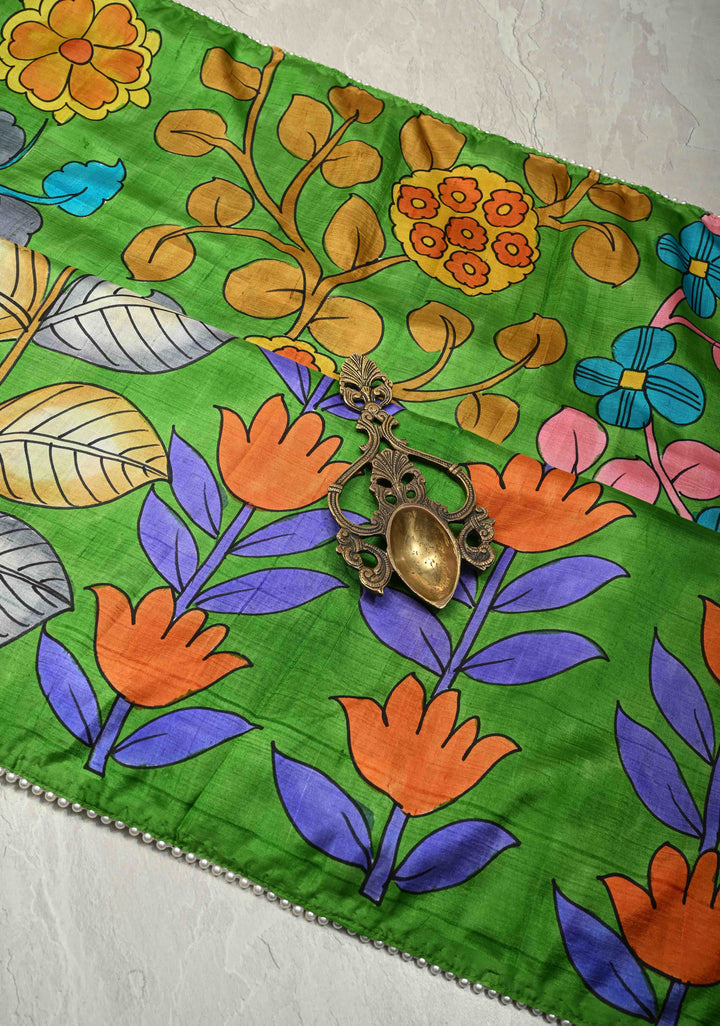 Grass Green Pure Handloom Silk saree with Hand Painted Kalamkari Design and Pearls Border| SILK MARK CERTIFIED