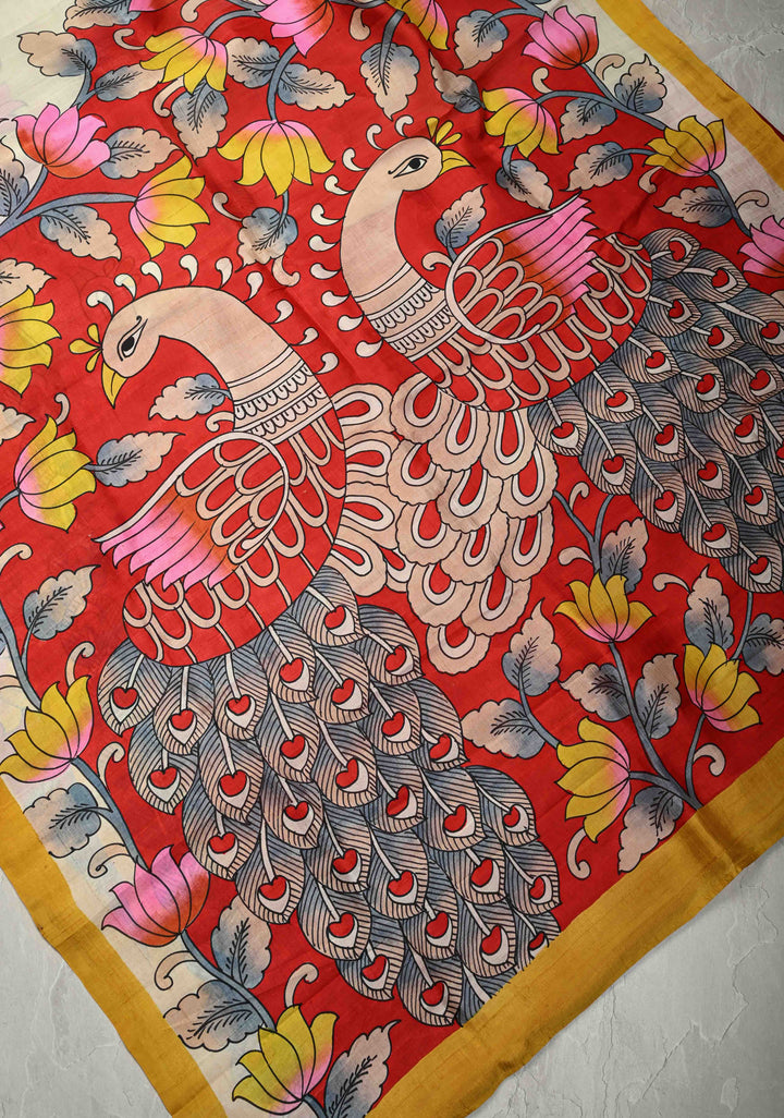 Ivory Pure Handloom Silk Saree with Kalamkari Handpainted Peacock Motifs and Contrast Border  | SILK MARK CERTIFIED