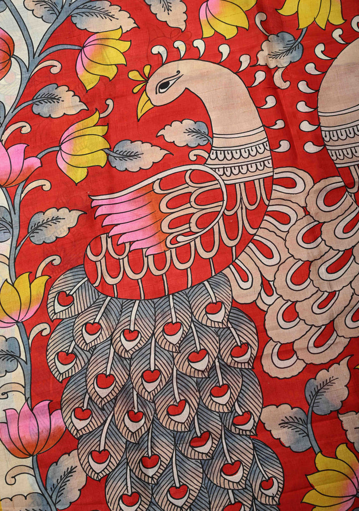 Ivory Pure Handloom Silk Saree with Kalamkari Handpainted Peacock Motifs and Contrast Border  | SILK MARK CERTIFIED