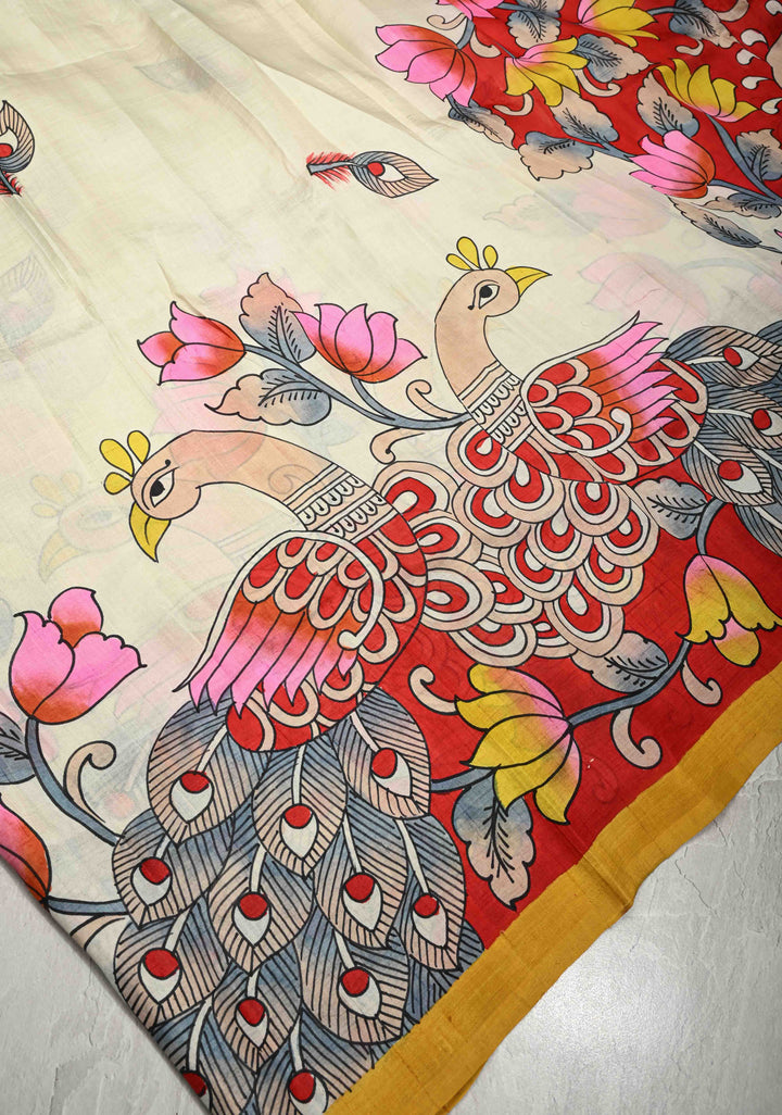 Ivory Pure Handloom Silk Saree with Kalamkari Handpainted Peacock Motifs and Contrast Border  | SILK MARK CERTIFIED