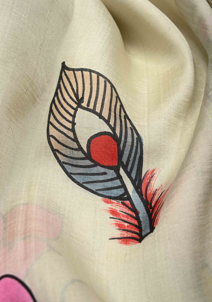 Ivory Pure Handloom Silk Saree with Kalamkari Handpainted Peacock Motifs and Contrast Border  | SILK MARK CERTIFIED