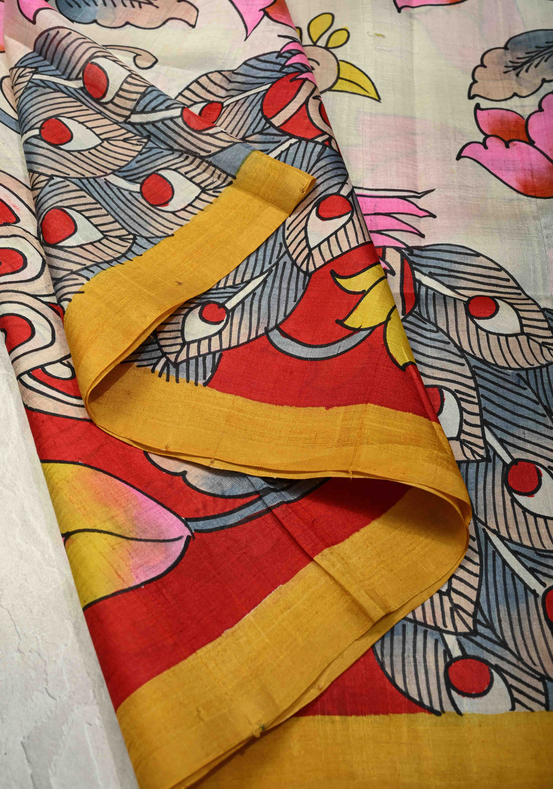 Ivory Pure Handloom Silk Saree with Kalamkari Handpainted Peacock Motifs and Contrast Border  | SILK MARK CERTIFIED