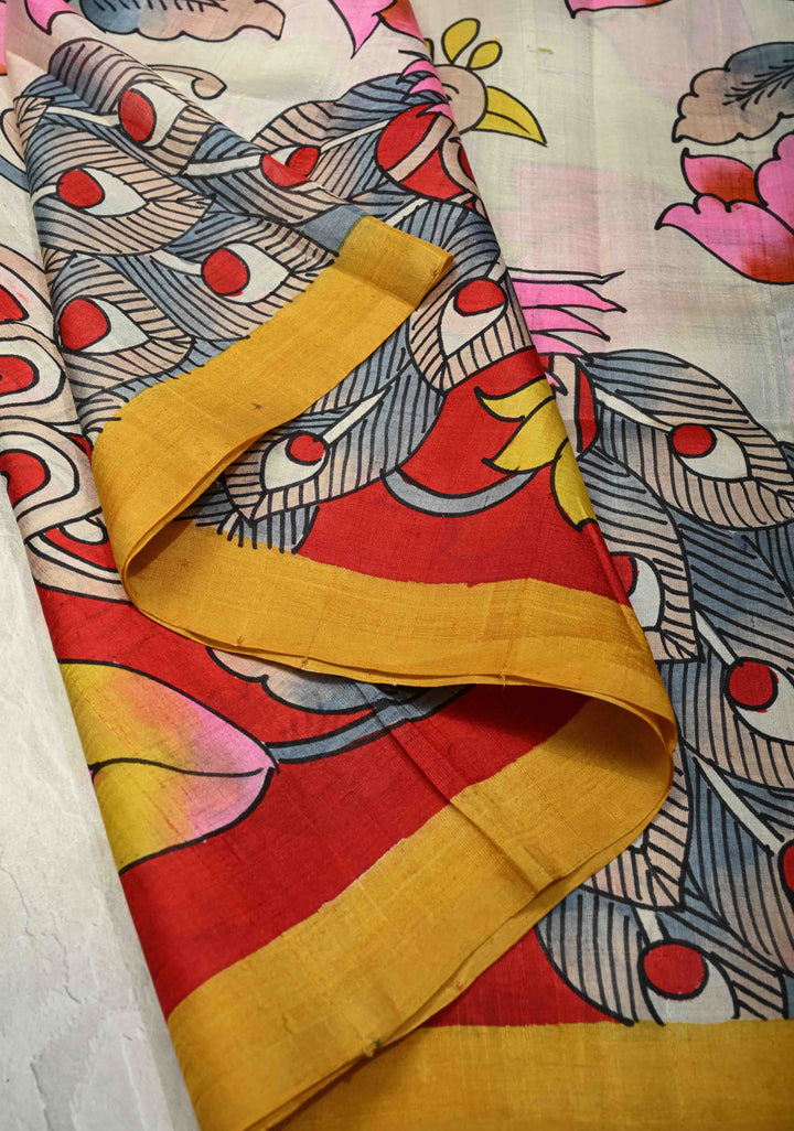 Ivory Pure Handloom Silk Saree with Kalamkari Handpainted Peacock Motifs and Contrast Border  | SILK MARK CERTIFIED