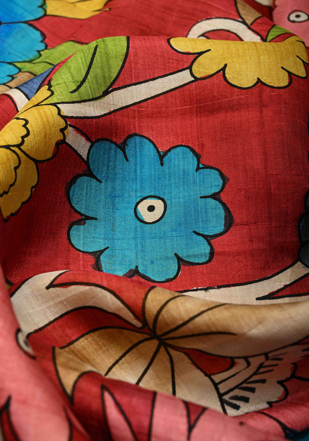 Deep Red Pure Handloom Silk saree with Hand Painted Kalamkari Design with Lace Border | SILK MARK CERTIFIED